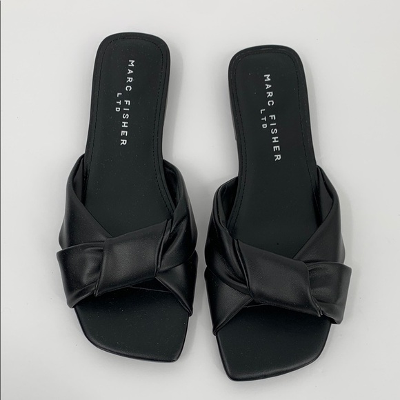 Marc Fisher Mayson slide flat black leather sandal shoe knot square new women 8 - Picture 1 of 6